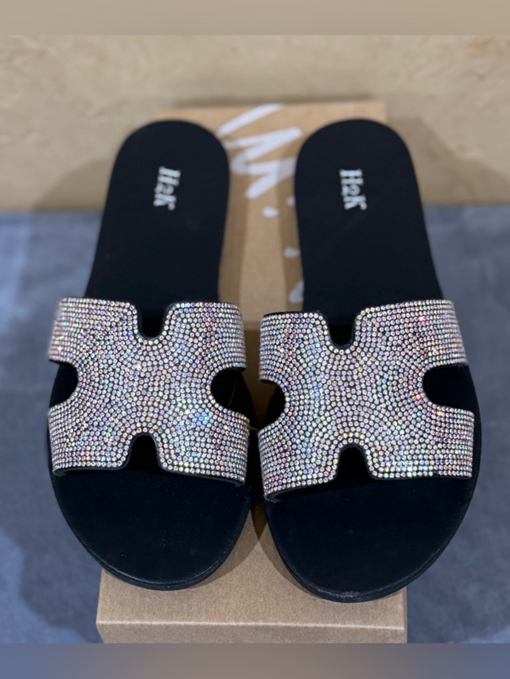 H2K Crystal Embellished Black Slide Sandals - Size 9